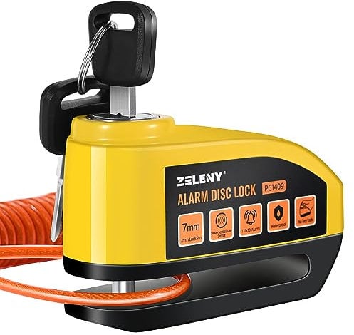 ZELENY Bremsscheibenschloss Alarm 110db MotorradSchloss, Motorrad schloss Alarmanlage mit 1.5m Rückrufkabel und Schlosstasche, Scheibenbremsen Schloss für Moto Fahrrad Moped Vespa(Gelb)