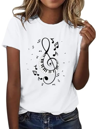 HOOUDO Damen-T-Shirt mit Musiknoten-Aufdruck, kurzärmelig, Rundhals-T-Shirt, modisches Oberteil, leicht, weich, lässige Sommerkleidung Vintage Damen Kleidung Tshirt 5 Jahre Mädchen