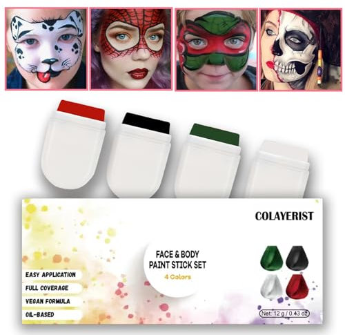 COLAYERIST Peinture Visage Corporelle, Kit Maquillage Halloween Professionnel, 4 Couleurs Face Body Paint, Maquillage Blanc Halloween Vampire Zombie Joker Sorciere