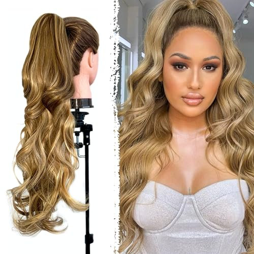 Cheveux, queue de cheval mouvement blond clair, effet naturel, potiches pour cheveux, queue de cheval déplacée et ondulée, facile à appliquer avec pince queue bouclée, cheveux faux 70 cm