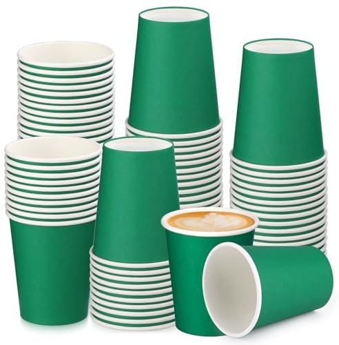 BUOKKON 100 Pack 8oz Green Paper Cups for Hot & Cold Drinks Compostable Disposable Coffee/Tea Cups for Party DIY Holiday Wedding Birthday Activities