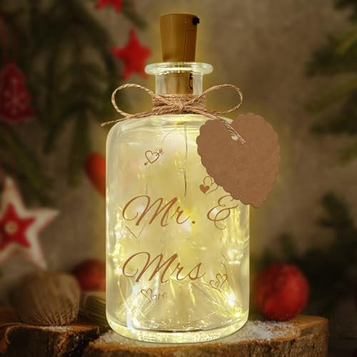 LED Flaschenlicht, Beleuchtete Flasche, Hochzeitsgeschenk, LED Flaschenlicht mit Spruch - Mr & Mrs, Glückslicht, Leuchtflasche Geschenk, Spardose für Brautpaar Jahrestag Geburtstag Weihnachten