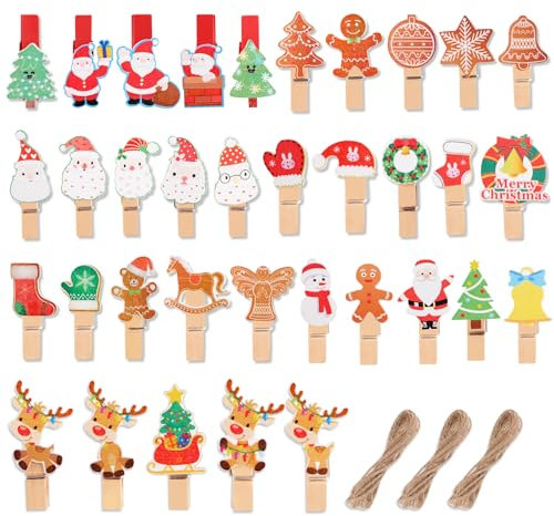 HGRGHH Lot de 80 Pince à Linge de Noël, Mini Pince à Linge Bois, Pince a Linge Bois avec Ficelle de Jute, Mini Pinces à Linge Bois Déco pour Murs Photo, Cartes Postales, Sacs en Papier, Fête Déco