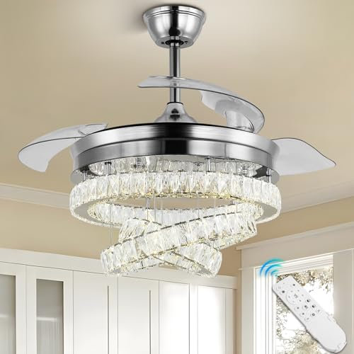 diisunbihuo 42“ Moderne dimmbare Kronleuchter Kristall Deckenventilator mit Lichtern LED Unsichtbarer Kronleuchter Ventilator Kristall Ventilator 3 LED Farbwechsel mit Memory Funktion