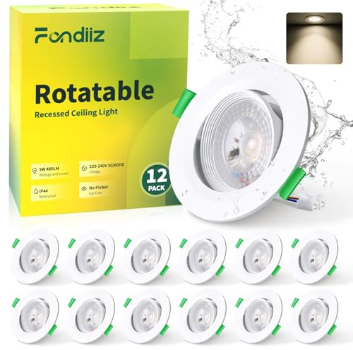 Fondiiz 5W Foco Empotrable LED Techo, 480LM Downlight LED Techo Empotrable Rotable 4000K Blanco Neutro, IP44 Ojos de Buey LED para Techo Extraplano para Baño, Corte 70-80mm, Pack de 12