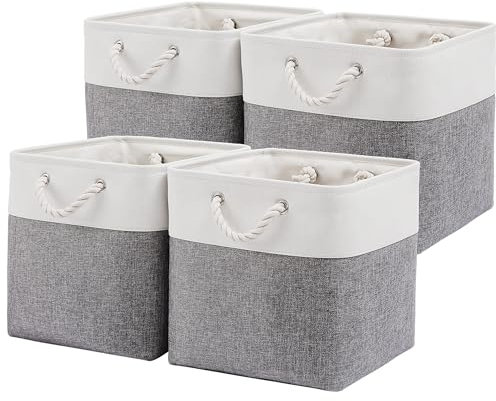 ICEMOR 33 x 33 x 33 cm Cube Storage Boxes, 4 Pack Large Collapsible Fabric Storage Bin with Ropes, Foldable Storage Cubes for Home, Office,Closet, Clothes, Toys Organizer (White & Grey)
