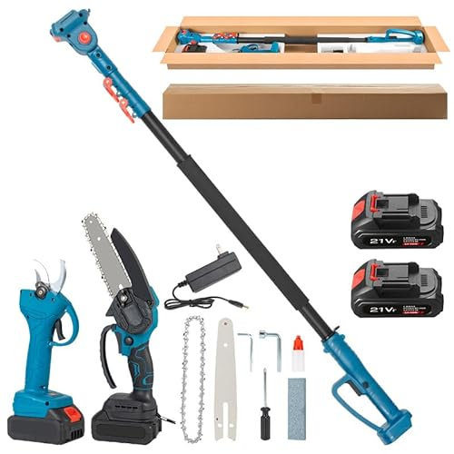 Tijeras de podar de Gran altitud, Tijeras de podar eléctricas y Mini Motosierra con Poste, con 2 baterías, Poste de Rama Alta Desmontable, Cortador de Ramas Altas extendido para Ramas Gruesas