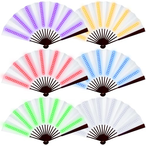 Roowest 6 Pcs Rave Light up Folding Fan for Line Dancing, White,Neon | Battery Powered Fans for Dance Performance, EDM Party Birthday Night Club Show Gift, Bulk Pack with 6 Glowing Colors