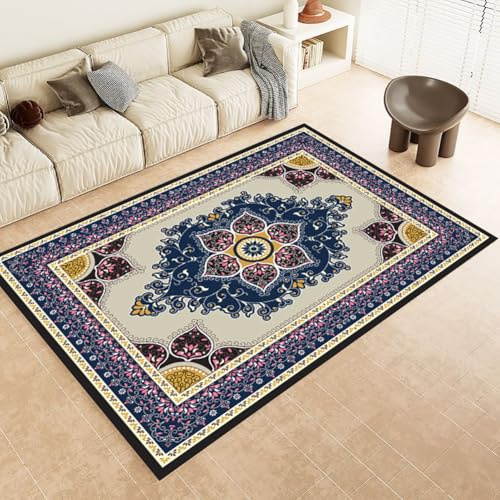 RBQIZVW Vintage Kurzflor Schlafzimmer Teppich Wohnzimmer | Rutschfester Großer Orientteppich mit Weichem Flor | Antik Design Blaue Wohnzimmerteppiche,80X120cm