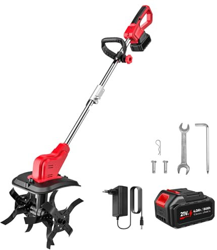 Motobineuse Electrique sans Fil 21V, Largeur de Travail 30 cm, Profondeur de Travail 22 cm, 4 Fraises, Poignée Rabattable, pour Retourner la Terre, Désherber (avec 4.0Ah Batterie)