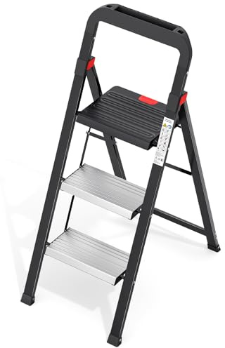 Urackify Scaletta 3 Gradini in Alluminio con Vassoio per Attrezzi, Sgabello Pieghevole, Scala piccola pieghevole, Cap 150kg per Adulti, Scalini Pieghevoli Leggeri e Portatili per Casa, Cucina, Garage
