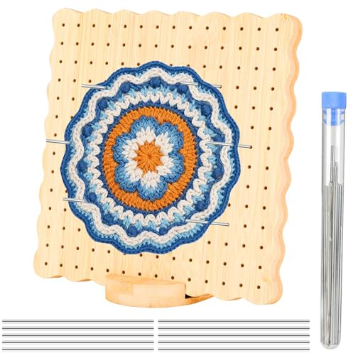 VINATO Blocking Board aus Bambus 19.5x19.5cm, Häkelbrett mit 196 Löchern, 10 Edelstahl-Nadeln & Ständer, Strickbrett Für Granny Squares, Motive und Spitze Blocking, Mittelgröße
