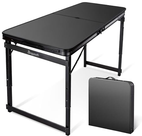 Bingyouth 4ft Folding Table with Umbrella Hole 120x60cm, 3-Height Adjustable Patio Garden Table for Sun Shade, Portable Outdoor Dining for Beach Poolside & Strong Sunlight, Black