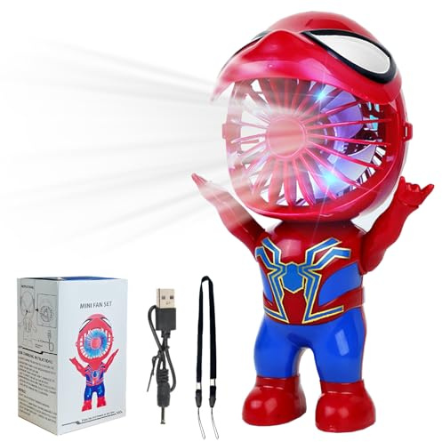 Handventilator Rote und Blaue Spinne Spielzeug Kann Stehen USB Aufladbar Hand Ventilatoren mit LED & Halsseil Mini Portable Taschenventilator für Unterwegs Desktop Dekoration Geschenk