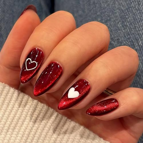 SXVME Valentines Press on Nails Medium Almond, Light Red Cat Eye False Nails Almond, Cute Hearts Pattern Full Cover Glitter Sparkly Stiletto Fake Nails Designed Stick on Nail for Women Party, 24 Pcs