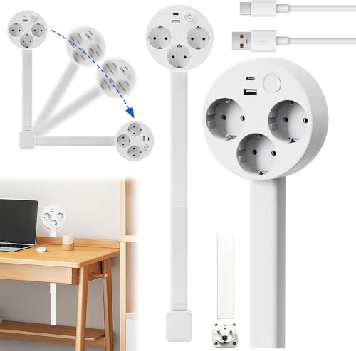 PLLYPE Extensión de enchufe con enchufe extensible (45-70 cm), 3 enchufes, 1 USB-A y 1 USB-C, giratorio 180°, extensión de enchufe con barra extensible