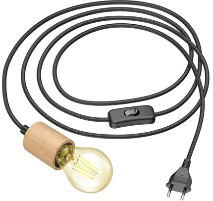 ledscom.de Textilkabel KIVO, schwarz, 3m, Echtholz E27 Fassung, Stecker, Schalter, inkl. LED Lampe, 471lm, extra warmweiß