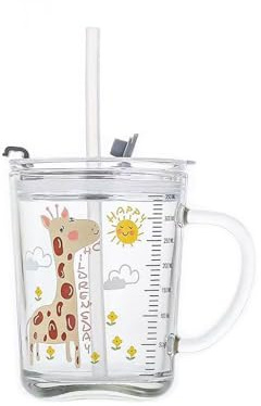 400ml Vaso para beber, Vaso para el desayuno, Vaso para leche, Taza Incluye pajita y cepillo para pajitas, con tapa para múltiples opciones de consumo (Jirafa amarilla)