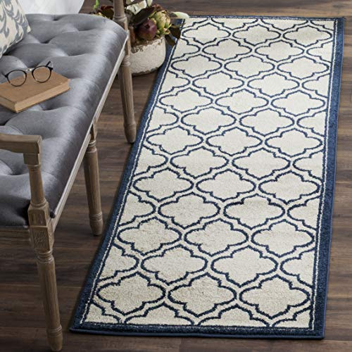 SAFAVIEH Amherst Collection Runner Rug - 2'3 x 7', Ivory & Navy, Moroccan Geometric Design, Non-Shedding & Easy Care, Ideal for High Traffic Areas in Living Room, Bedroom (AMT412M)