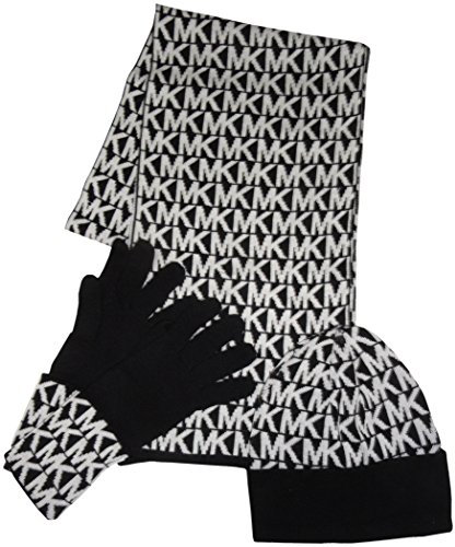 Michael Kors Damen Set Schal Mütze und Handschuhe 3-teilig Schwarz / Creme