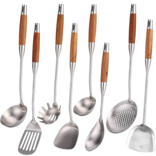 Stainless Steel Kitchen Cooking Utensils set with Wooden Handle,8 Pieces Metal Utensils,Ergonomic and comfortable serving Utensils, Soup Ladle Spoon,Turner Skimmer set