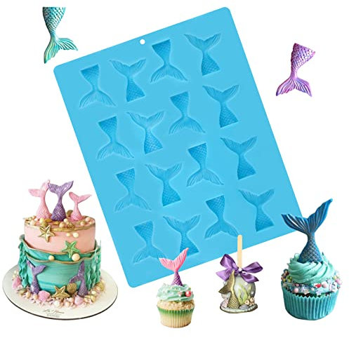 Sakolla Moldes de silicona para colas de sirena de 16 cavidades, moldes de sirena para chocolate, fondant, decoración de pasteles, decoración de cupcakes, resina, jabón, caramelos, pasta de goma