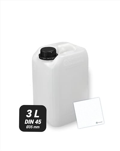 Trevendo Wasserkanister 3 Liter (DIN 45, Ø35 mm) - eingeprägte Literskala - Lebensmittelecht - BPA-frei - Ideal für Camping, Reisen und mehr - inkl Beschriftungsetikett