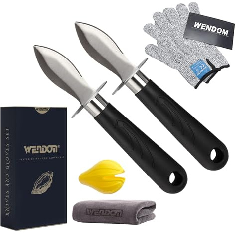 WENDOM Oyster Knife Shucker Set Oyster Shucking Knife and Gloves Cut Resistant Level 5 Protection Seafood Opener Kit Tools Gift(2knifes+2Glove+1Cloth)