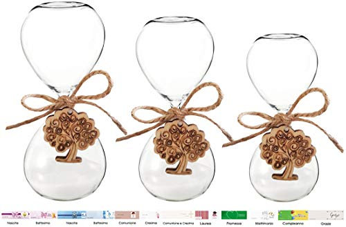 10 Clessidra in Vetro Varie Misure + 10 Decorazioni in Legno + Juta + Bigliettini (Piccole 1172007, Albero della Vita)