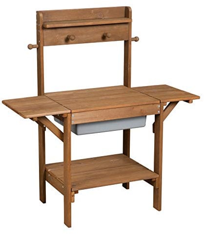 roba Cuisine Sable et Eau en Bois Massif Midi + Bac en Plastique avec son Couvercle Amovible - de 18 Mois à 8 Ans - Table Boue pour Jeux d'Extérieur - Lasuré Teck