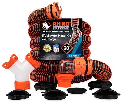 RhinoEXTREME 21056 - Kit tubo fognario per camper con serbatoi tandem - Kit pronto all'uso - include adattatore 4 in 1, tappi di stoccaggio e raccordo girevole Wye