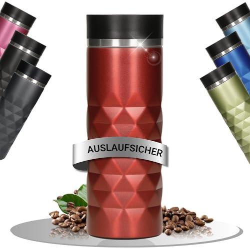 Elasto Premium Edelstahl Thermobecher mit Push-Button I 450 ml I auslaufsicherer Verschluss I heiß & kalt I BPA-frei I Thermo Kaffeebecher to go Diamond I matt glitzernd I Rubin Rot