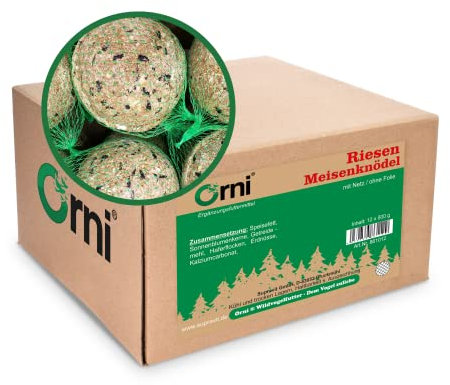 Orni Riesen Meisenknödel mit Netz 500g | 12 Stück | Ganzjahresknödel mit Sonnenblumenkerne | Vogelfutter zum Aufhängen