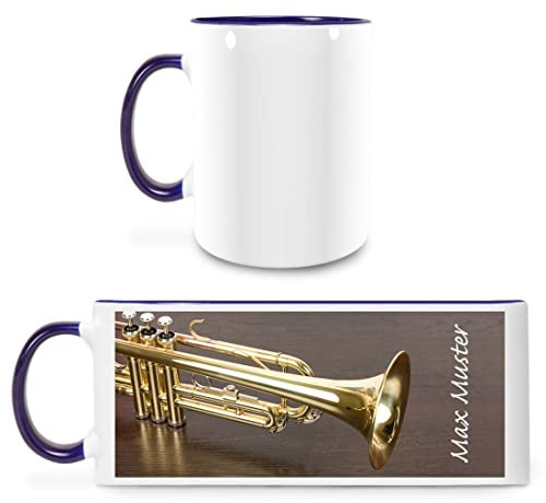 Manutextur Tasse mit Namen - personalisiert - Motiv Trompete - viele Farben & Motive - weiß/dunkelblau - persönliches Geschenk mit Wunsch-Motiv und Wunsch-Name