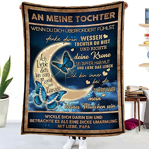 Kuscheldecke Vater für Tochter Personalisierte Deutsche Nachricht Brief Decke, Flanell Fleecedecke Warm Weiche Erwachsene TV-Decken Sofadecke Wohndecke
