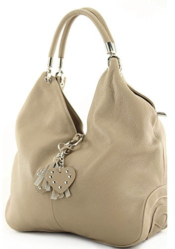 modamoda de 330 Damen Leder Nappaleder Wildleder Schultertasche Henkeltasche groß handmade in Italy, Farbe:Beige