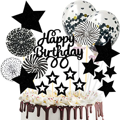 Tortendeko Geburtstag Schwarz, 19 Stück Kuchen Dekoration Geburtstag, Glitzer Happy Birthday Cake Topper Tortendeko Geburstagstorte, Kuchen Deko mit Konfetti-Luftballons und Papierfächer
