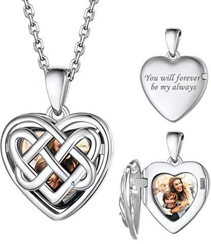 Bestyle Medaillon zum öffnen für Bilder 925 Sterling Silber Foto Medaillon Herzkette keltischer Knoten Anhänger Personalisierter Schmuck für Weihnachten Geburtstage, Weißgold, 55cm Länge