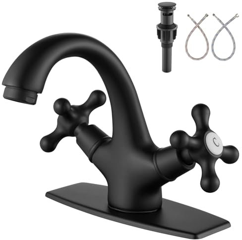 Aolemi Badezimmer-Waschbeckenarmatur, Waschbecken Armaturen, Einloch, Doppelgriff, Kreuzknöpfe, Waschtisch, Mischbatterie und Pop-Up-Ablauf mit Überlauf