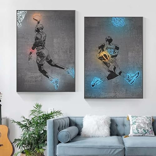 OTURRI Basketballspieler Wand Bilder Leinwand Gemälde Basketball Traum Poster und Kunstdruck Wand Bilder Neon Wandbild für Wohnzimmer Wohnkultur 40x60cmx2 ungerahmt