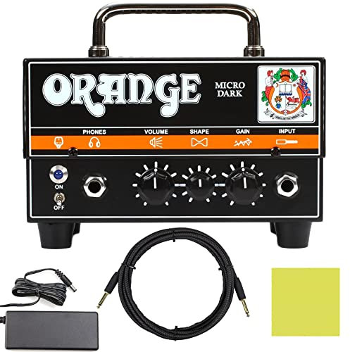 Orange Amp MD20 - Mini cabezal de amplificador de guitarra micro oscuro de 20 vatios con cable de instrumento tejido Pig Hog de 10 pies, fuente de alimentación y paño de pulido Liquid Audio - Micro