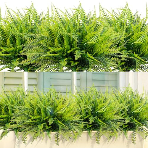 LUZOGA 24 Bündel künstliche Pflanzen Boston Farn Grün Outdoor UV-beständig kein Verblassen Kunststoff Pflanzen Garten Veranda Fenster Box Dekoration