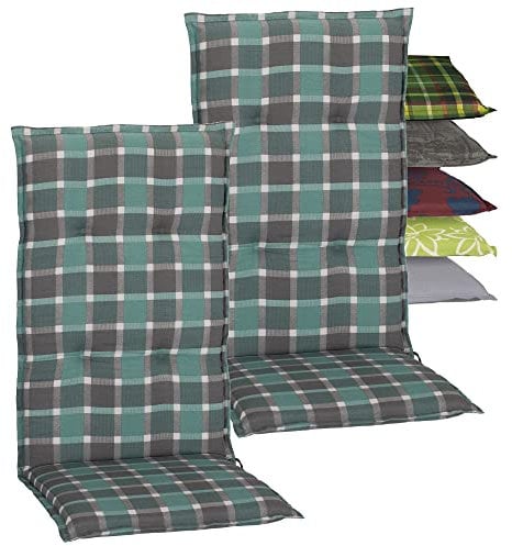 Beo Gartenstuhlauflagen Hochlehner 2er Set Barcelona | Made in EU nach Öko-Tex Standard | Hochlehner Auflagen waschbar | Atmungsaktive Stuhlauflagen Hochlehner in Türkis-Grau Kariert