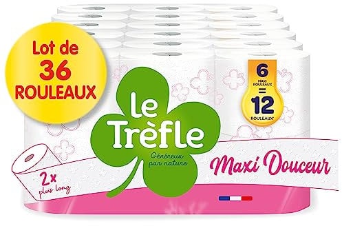 Le Trèfle Maxi Douceur - Papier toilette - 36 Maxi Rouleaux = 72 Rouleaux Classiques – Double épaisseur