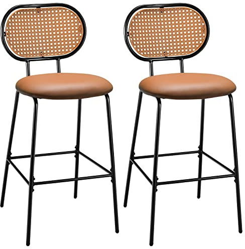 COSTWAY Barhocker 2er Set, Barstuhl mit Rückenlehne aus Rattanimitat, Küchenstühle Höhe 75 cm mit Metallgestell und Fußstütze, Tresenhocker für Bistro, Zuhause, Restaurant