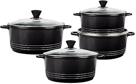 Die Cast Stockpot Set - 4Pcs Aluminium Non Stick Coating Cooking Pot - Casserole Set Tempered Glass Lid with Steam Vent - (20-24- 28-32 cm) (Black)