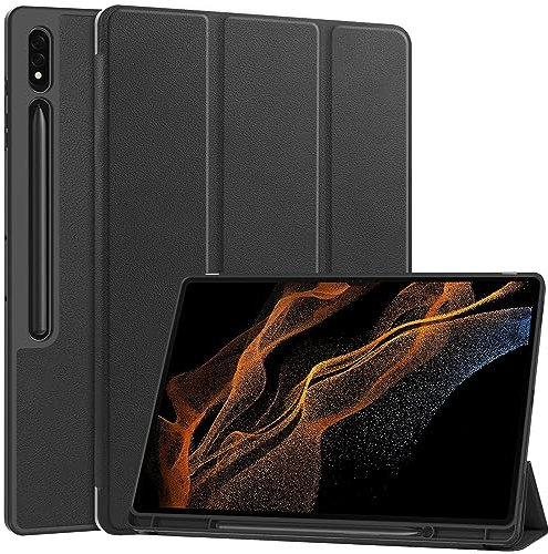 Miimall for Samsung Galaxy Tab S10 Ultra/ S9 Ultra Case, [Trifold Stand] [Auto Wake/Sleep] [S Pen Holder] PU Leather Shockproof Ultra Slim Tablet Cover for Galaxy Tab S10 Ultra 14.6 inch 2024, Black