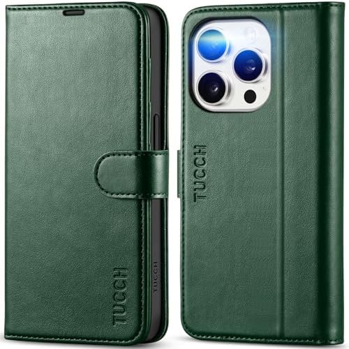 TUCCH Case for iPhone 15 Pro (6.1) 2023, Protective PU Leather Wallet Folio Flip Folding Cover with RFID Blocking [Card Slots] Magnetic Kickstand[Shockproof TPU] Compatible with iPhone 15 Pro, Green