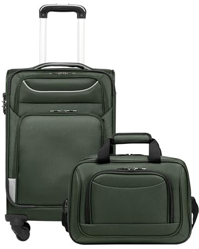 COOLIFE Koffer Trolley Koffer Reisekoffer von 4 Rollen Stoffkoffer Handgepäck TSA-Schloss Der Koffer Enthält 1 Große Umhängetasche (Handgepäck-Set 2tlg Dunkelgrün)