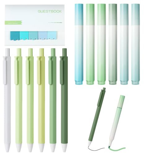 Vicloon 6pcs Einziehbare Gel Tintenstifte 6pcs Highlighter Pen 6pcs Sticky Notes School Supplies Aesthetic Schwarze Tinte Glatte Schreibstifte Haftnotizzettel Haftnotizen Markieren Textmarker(Grün)